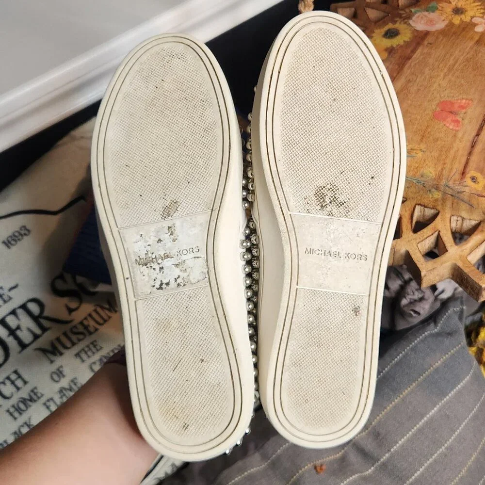 Michael Kors White Leather Slip-On Sneakers with Silver Studs